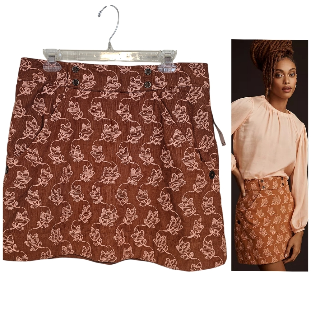 Maeve By Anthropologie Rust Floral Embroidered Print Corduroy Mini Skirt - Picture 1 of 9